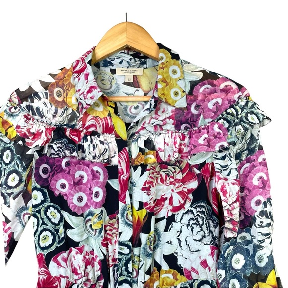 Burberry London Women 4 Midi Dress Ruffled Floral Long Sleeve Lightweight Silk - Picture 3 of 16